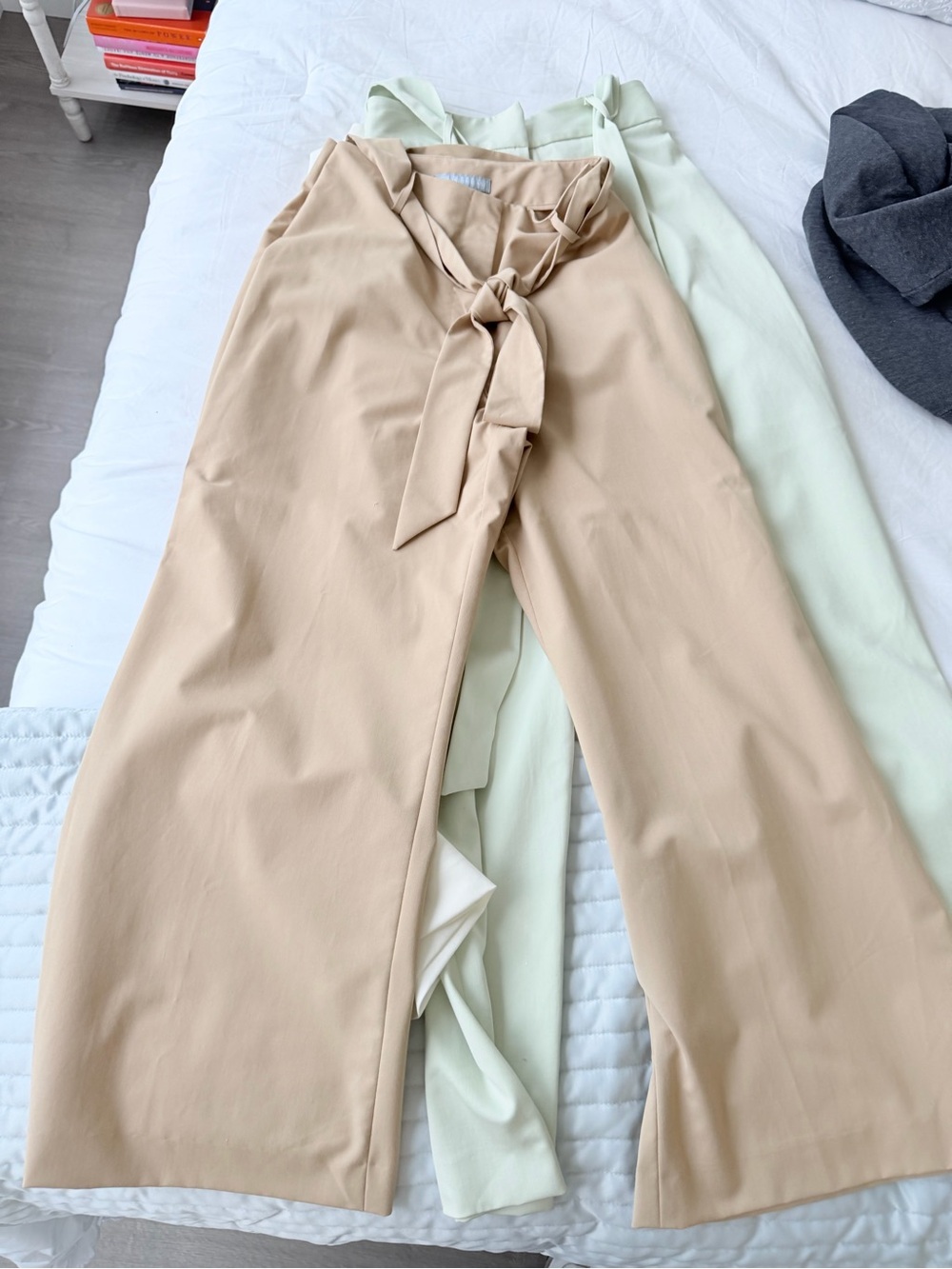 ANTONIO MELANI Wide Leg Tie-Front Pants in Beige with Mint Underlayer